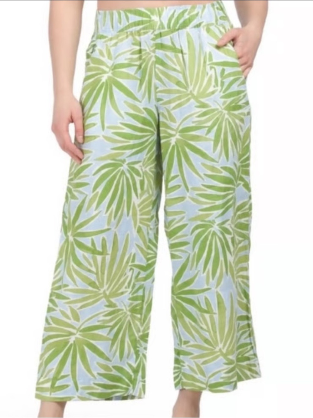 Sigrid Olsen Women’s Blue Pants with Green Leaf Tropical Print 100% Linen Size L